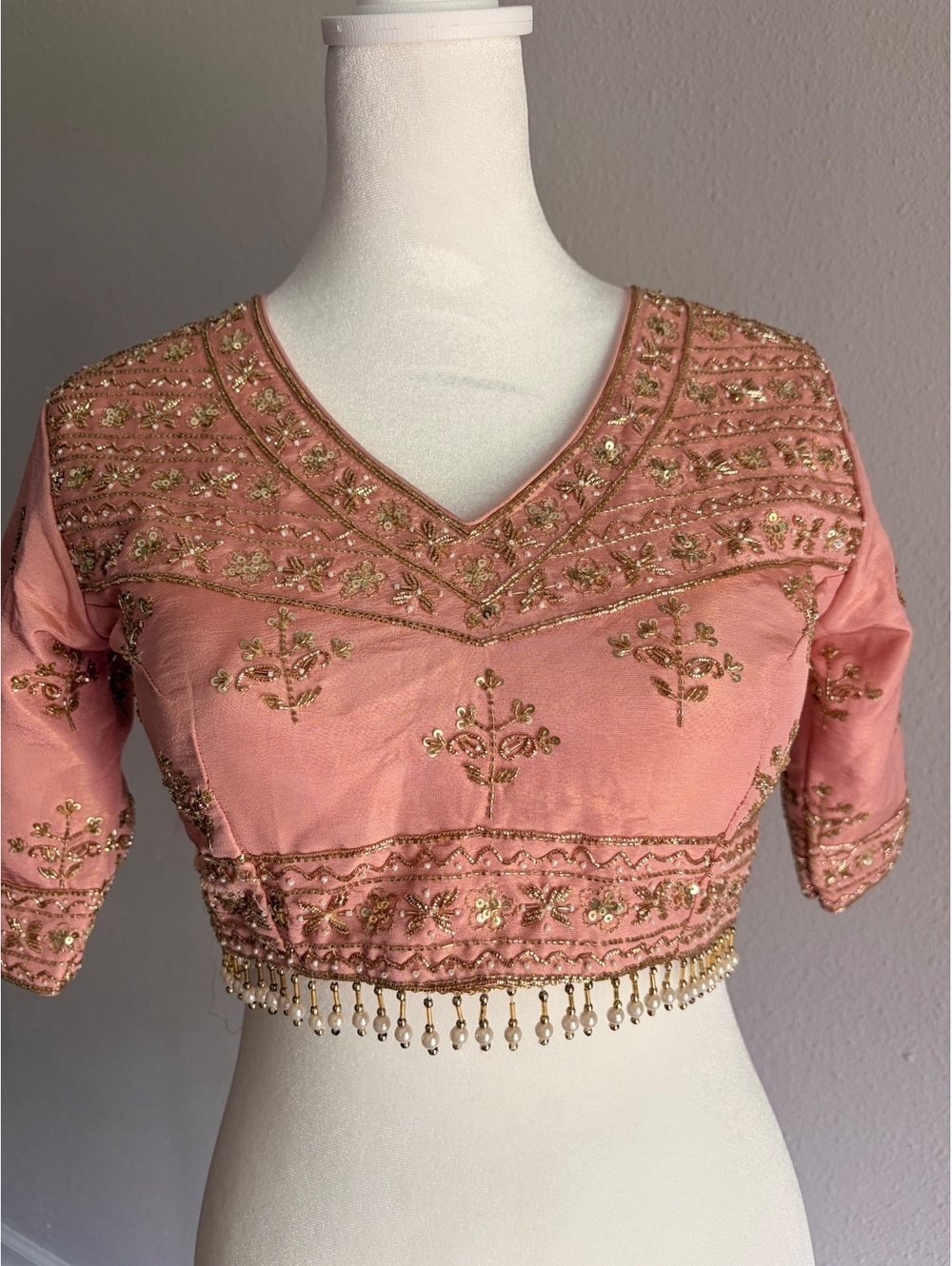 Pink Embroidered Indian Traditional Crop Top Blouse with Beaded Tassels
